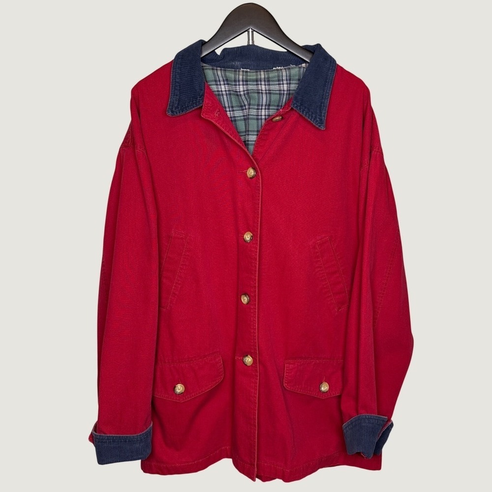Red Canvas Barn Jacket Corduroy Collar Plaid Flannel Lined Field Coat Womens